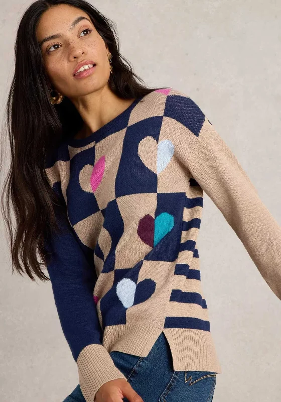 White Stuff City Check Heart Jumper, Navy Handmade Hand-knitted Hand-woven
