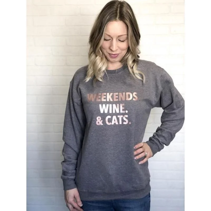 Weekends Wine & Cats Crew Sweatshirt Hoodie with Bell Sleeves Flared Feminine