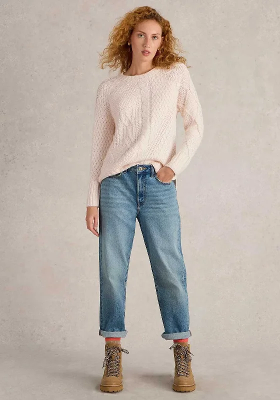 White Stuff Patchwork Cable Knit Jumper, Cream Plaid Sweater Polka Dot Checkered