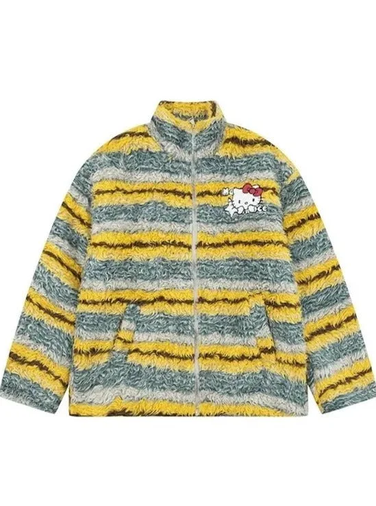 ‘Seaweed’ Contrast Striped Plush Cotton Jacket One-Shoulder Jacket Off-the-Shoulder Jacket Asymmetrical Jacket