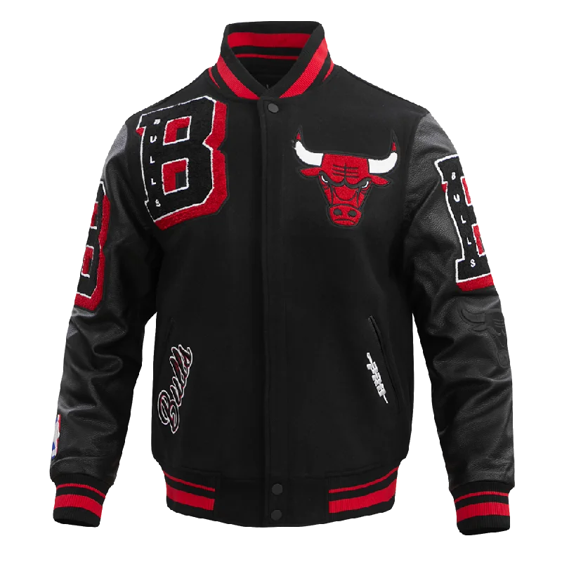 NBA CHICAGO BULLS MASHUP MEN'S RIB WOOL VARSITY JACKET (BLACK/RED/BLACK) A-Line Jacket Boat Neck Shawl Collar
