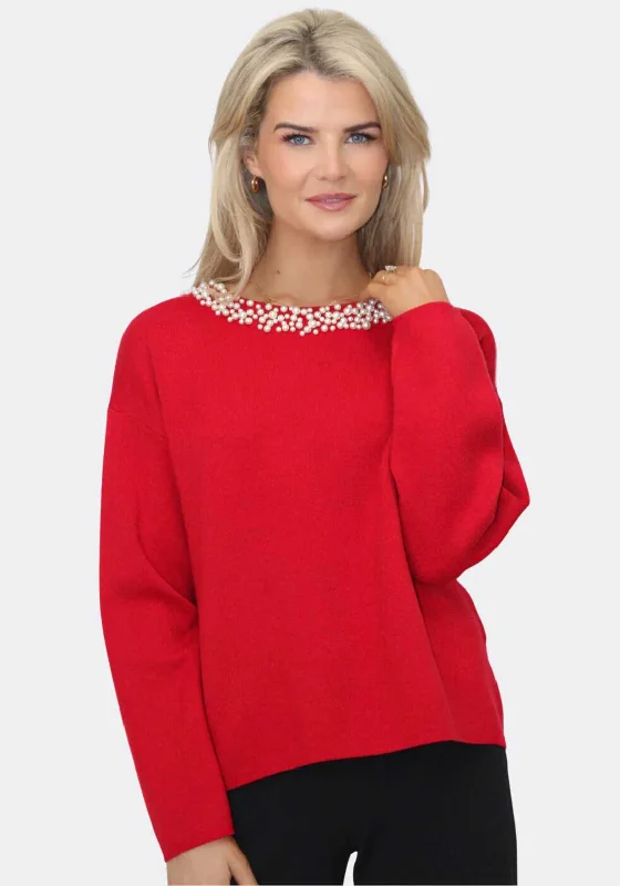 Kate & Pippa Annabelle Pearl One Size Jumper, Red Collared Crew Neck Turtle Neck
