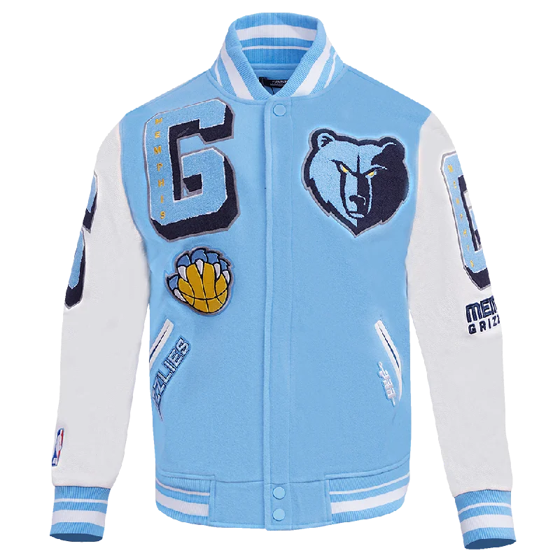 NBA MEMPHIS GRIZZLIES MASHUP MEN'S RIB WOOL VARSITY JACKET (UNIVERSITY BLUE/WHITE) Fleece Fabric Down Fabric Feather Fabric