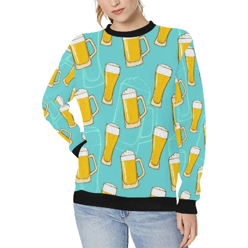 Beer pattern green background Women's Crew Neck Sweatshirt Hoodie with Hem Drawcord Adjustable Customizable