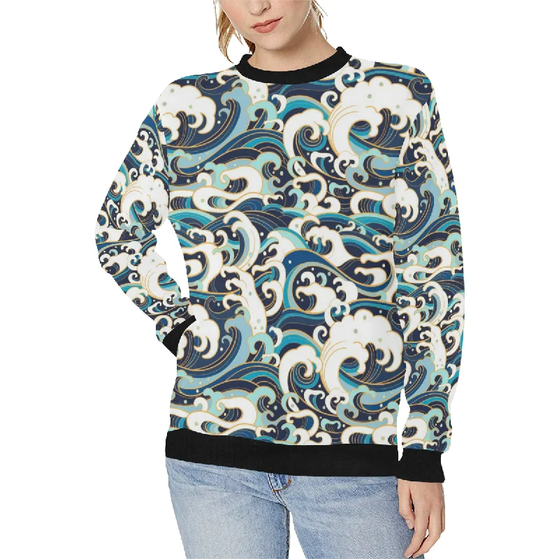 Japanese wave pattern Women's Crew Neck Sweatshirt Hoodie with Hem Drawcord Adjustable Customizable