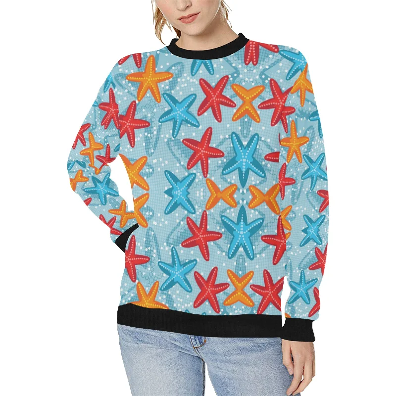 Blue red orange starfish pattern Women's Crew Neck Sweatshirt Hoodie with Batwing Sleeves Loose Dramatic