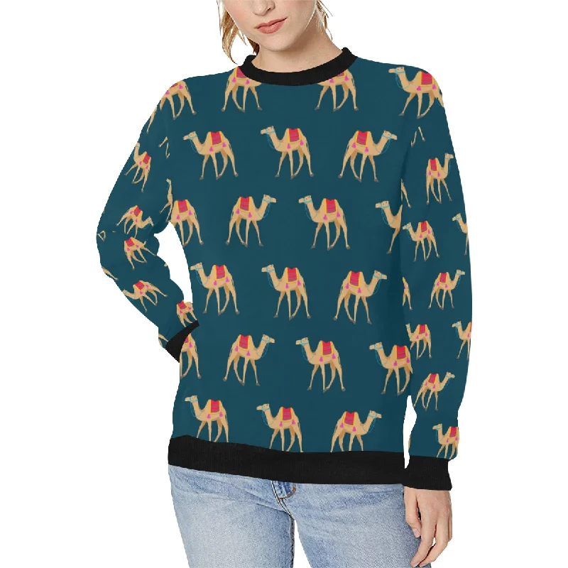 Camel pattern blue blackground Women's Crew Neck Sweatshirt Hoodie with Side Slits Relaxed Casual