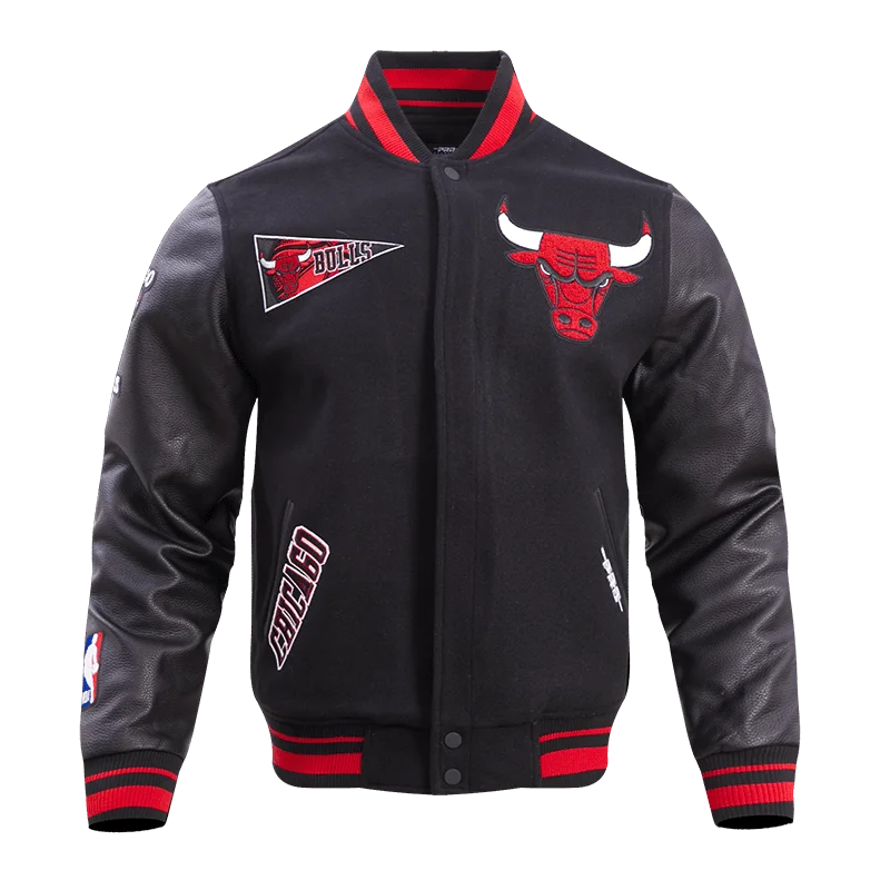 NBA CHICAGO BULLS RETRO CLASSIC MEN'S RIB WOOL VARSITY JACKET (BLACK/RED/BLACK) Denim Jacket Leather Jacket Suede Jacket