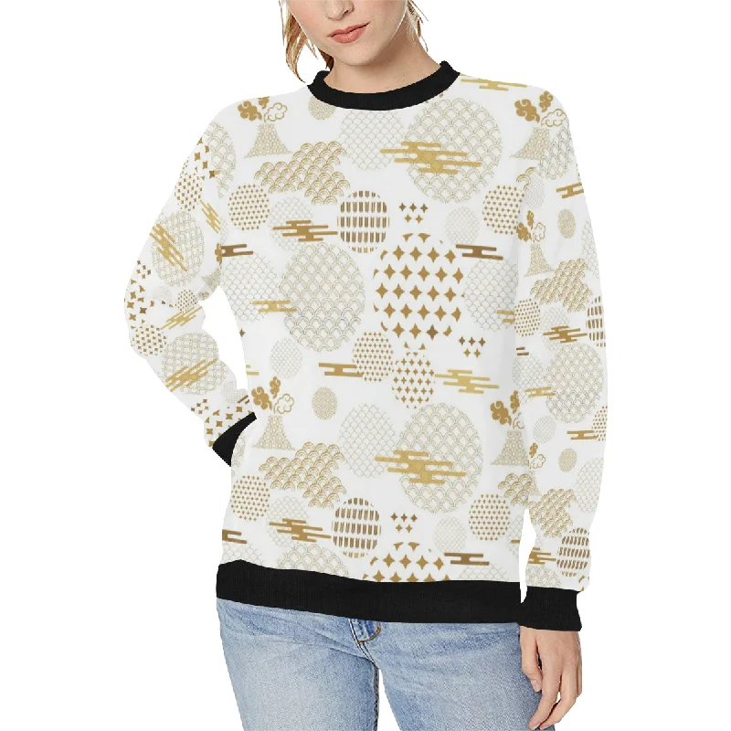 Beautiful gold japanese pattern Women's Crew Neck Sweatshirt Hoodie with Color Block Contrast Stylish
