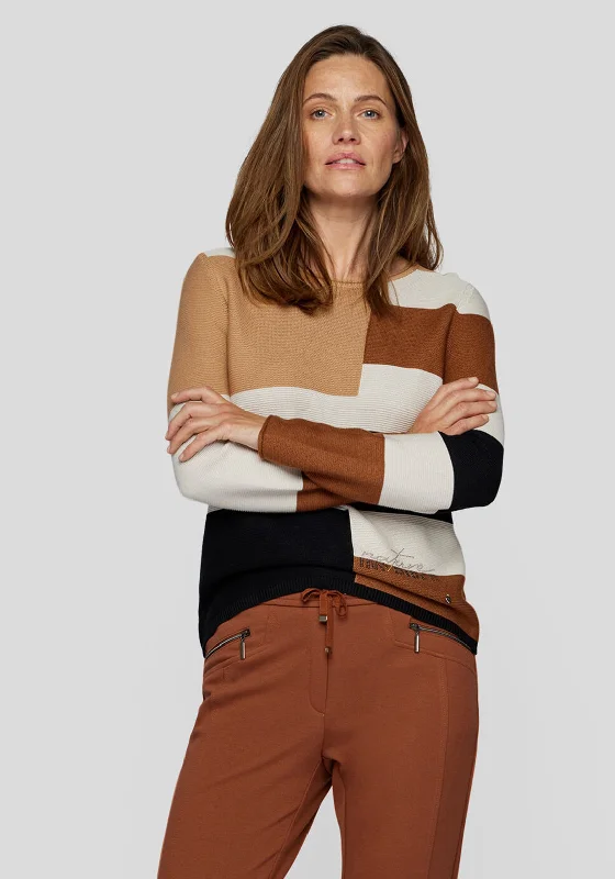 Rabe Striped Colour Block Knit Jumper, Brown Glossy Satin Silk