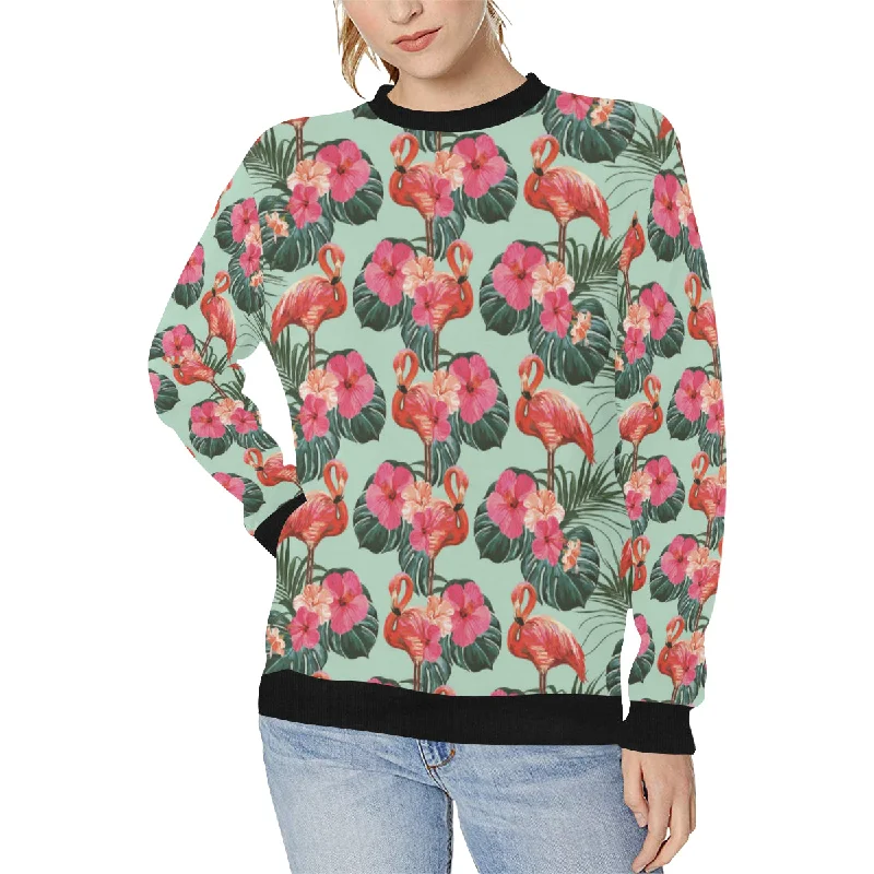 Beautiful flamingo tropical palm leaves hibiscus p Women's Crew Neck Sweatshirt Hoodie with High-Low Hem Asymmetrical Trendy