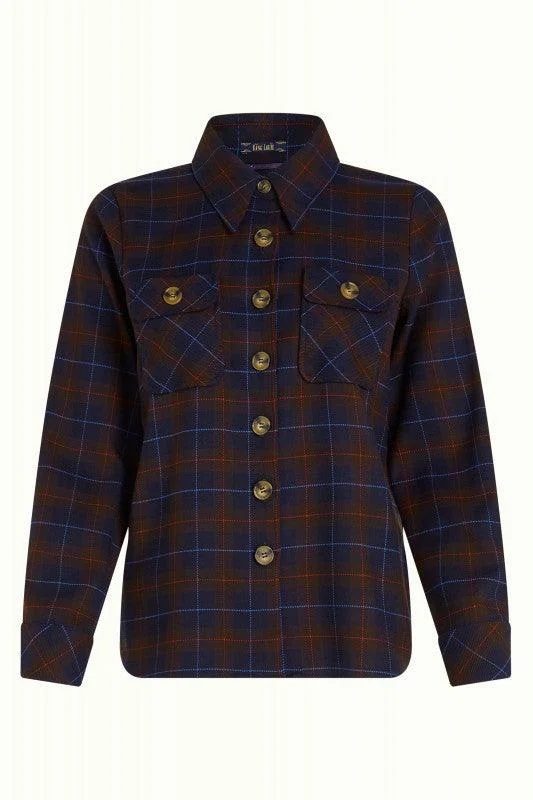 King Louie Janice Jacket Pandora Check in Blue A-Line Jacket Boat Neck Shawl Collar