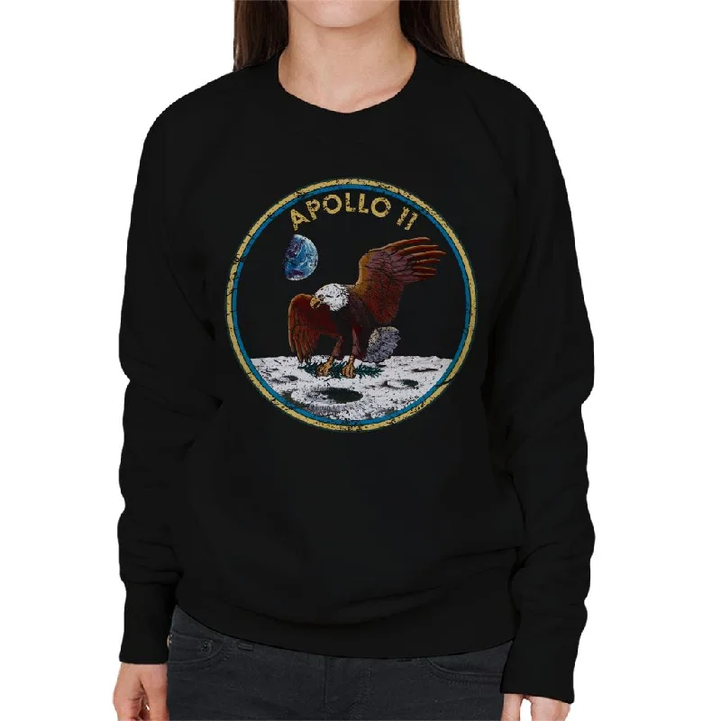 NASA Apollo 11 Mission Badge Distressed Women's Sweatshirt Hoodie with Drawstring Waist Adjustable Fitted