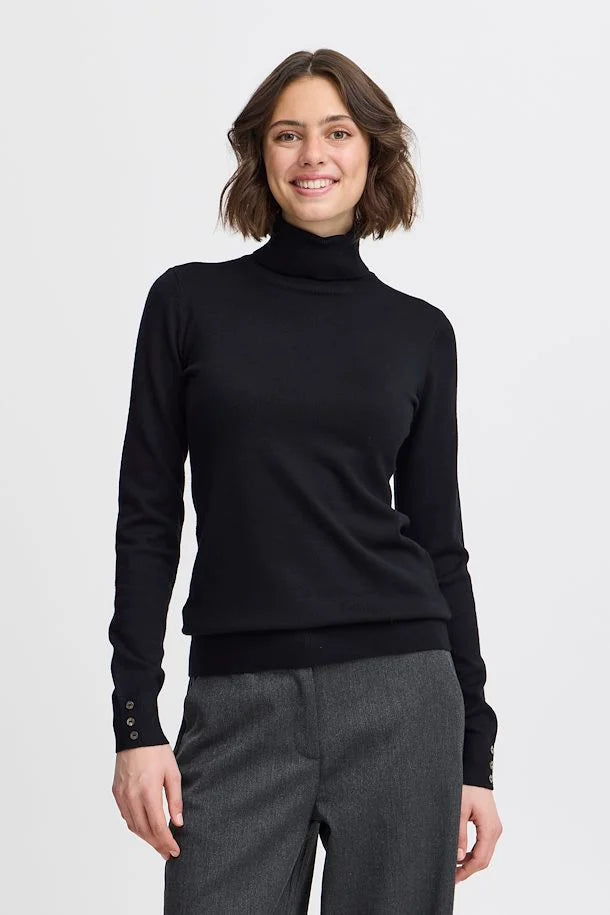 Fransa Clia Roll Neck Knit Sweater, Black Solid Print Embellished