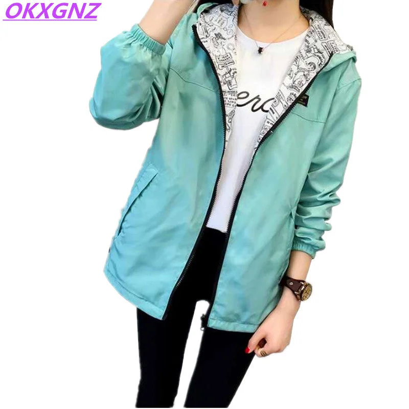 2018 Spring Autumn Women Basic Jacket Pocket Zipper Hooded Two Side Wear Cartoon Print Outwear Loose Coat Windbreaker Female 101 Oversized Jacket Tailored Jacket Straight Jacket