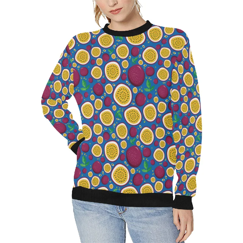 Passion fruit blue background Women's Crew Neck Sweatshirt Hoodie with Slit Hem Functional Movement