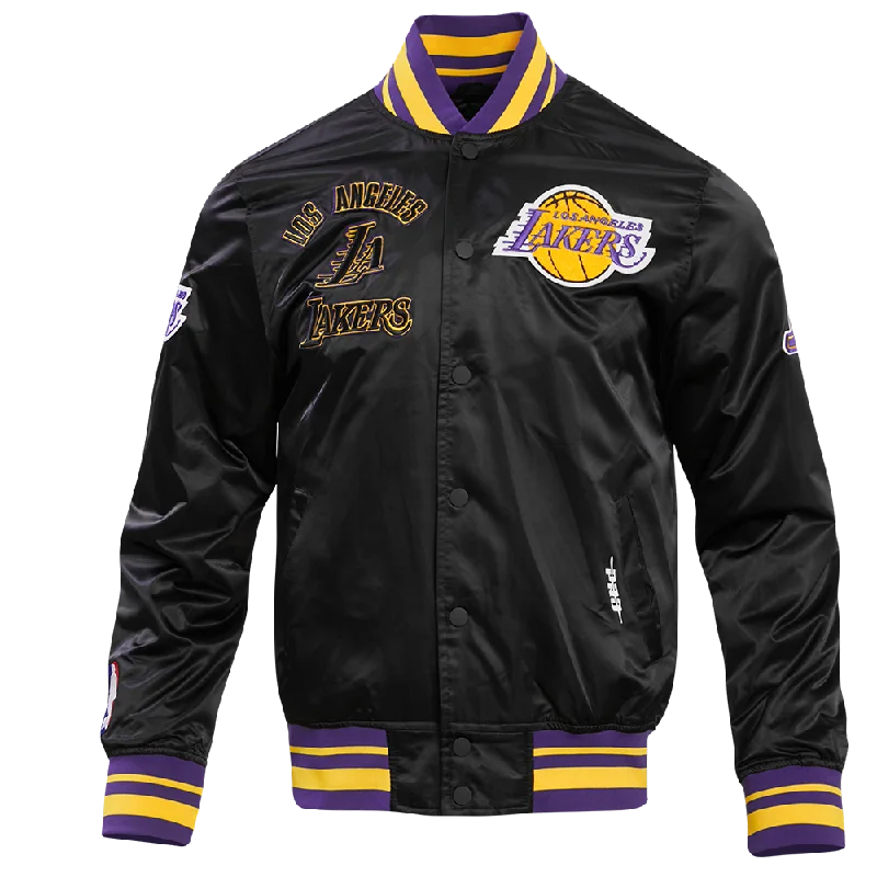 NBA LOS ANGELES LAKERS RETRO CLASSIC MEN'S RIB SATIN JACKET (BLACK/PURPLE/YELLOW) Chenille Fabric Brocade Fabric Lace Fabric