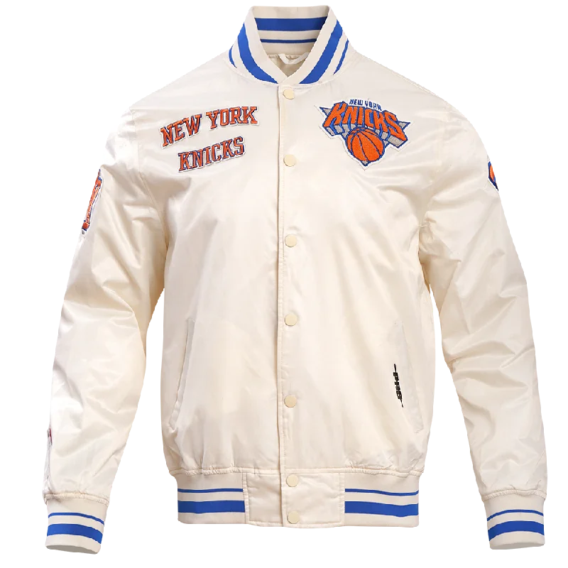 NBA NEW YORK KNICKS RETRO CLASSIC MEN'S RIB SATIN JACKET (EGGSHELL/ ROYAL BLUE) Print Jacket Jacquard Jacket Patchwork Jacket