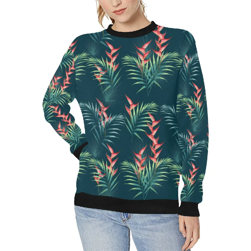 heliconia flowers, palm and monstera leaves on bla Women's Crew Neck Sweatshirt Hoodie with Ribbed Neckline Snug Warm