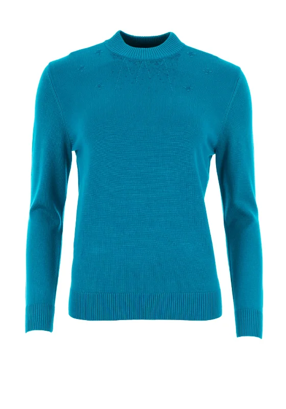 Castle of Ireland Embellished Jumper, Blue Collared Crew Neck Turtle Neck