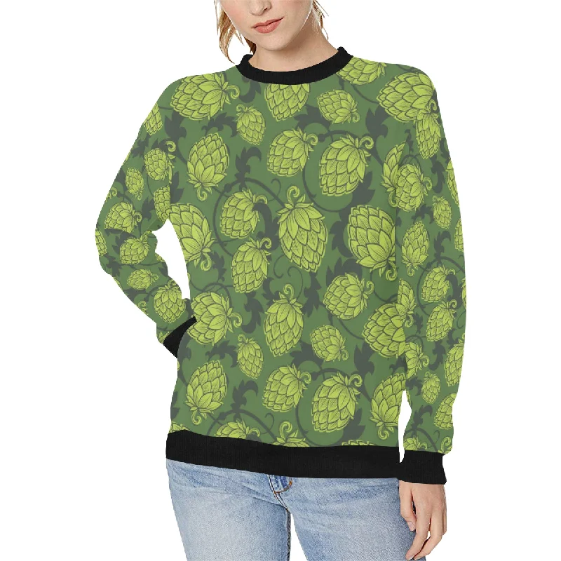 Hop pattern Hop cone background Women's Crew Neck Sweatshirt Hoodie with Distressed Vintage Worn