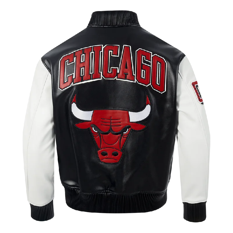 NBA CHICAGO BULLS CITY SIGNATURE MEN'S LEATHER VARSITY JACKET (BLACK/WHITE) Faux Fur Fabric Real Fur Fabric Shearling Fabric