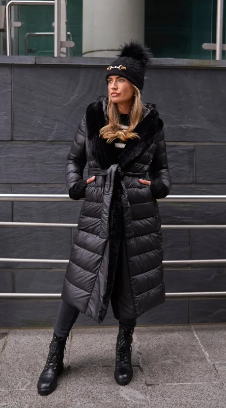 OUTLET Luxy Long-Line Faux Fur Padded Jacket - Black Cardigan Sweater Pullover