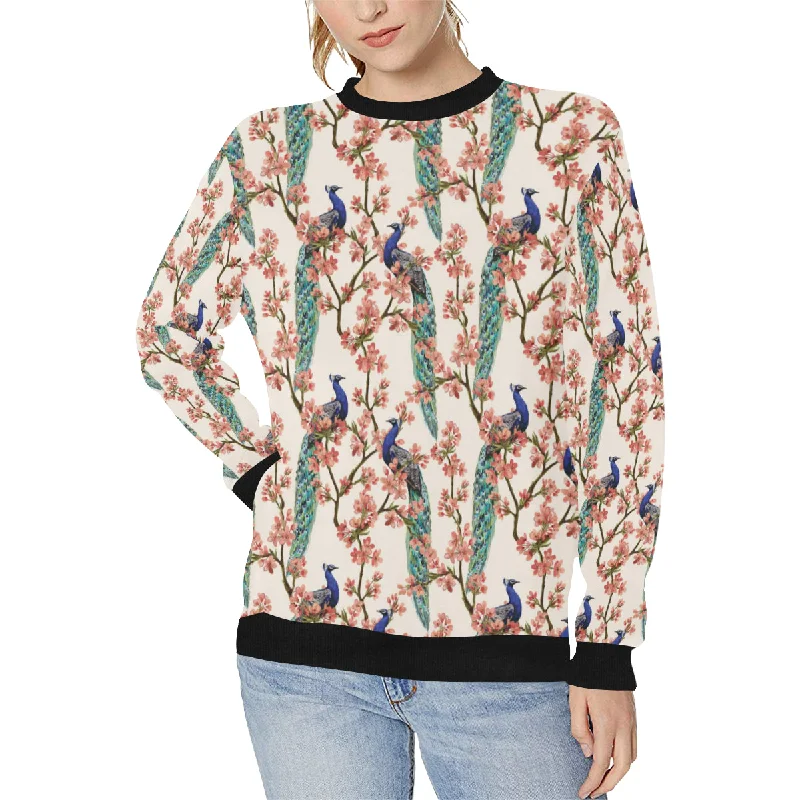 Peacock tropical flower pattern Women's Crew Neck Sweatshirt Hoodie with Hidden Zipper Minimalist Clean