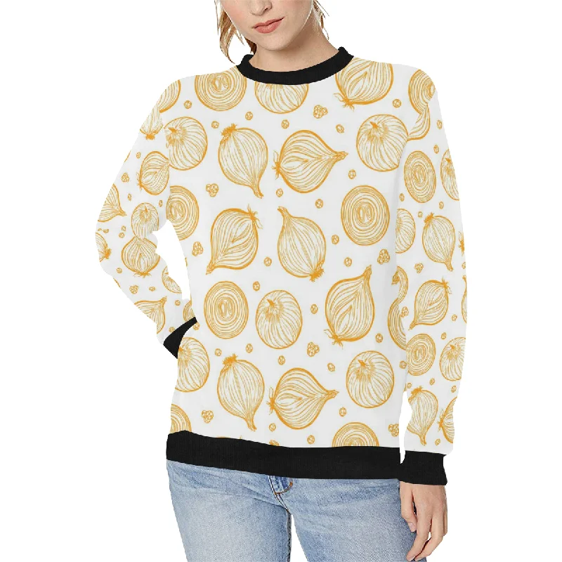 hand drawn onion pattern Women's Crew Neck Sweatshirt Hoodie with Frayed Bohemian Relaxed