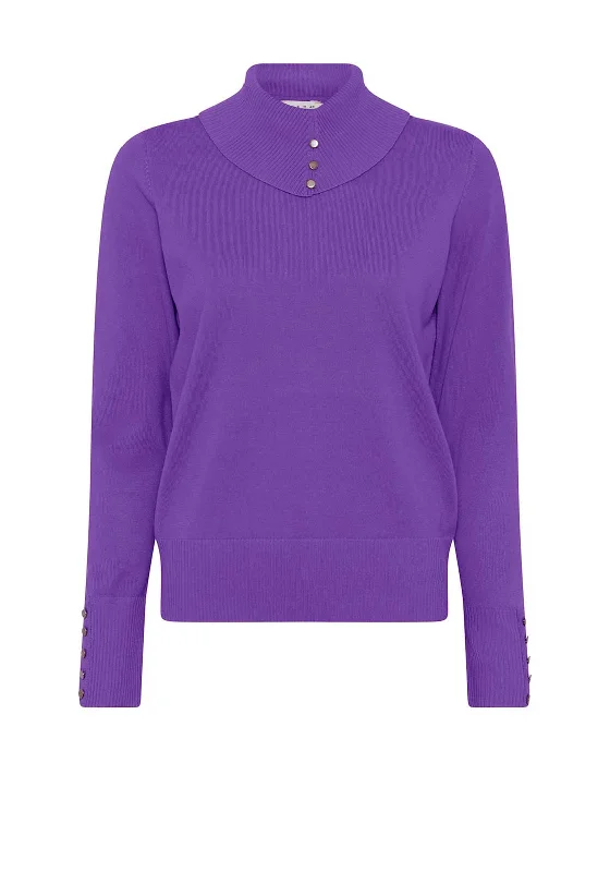 Micha Button Detail Polo Neck Sweater, Purple Print Jacquard Patchwork