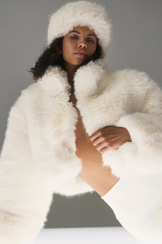 Opulent Faux Fur Cropped Jacket - Ivory Belted Jacket Elasticated Jacket Padded Jacket