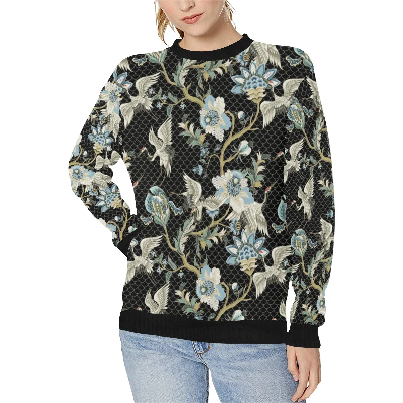 Japanese crane ornament elements Women's Crew Neck Sweatshirt Hoodie with Hem Embroidery Detailed Premium