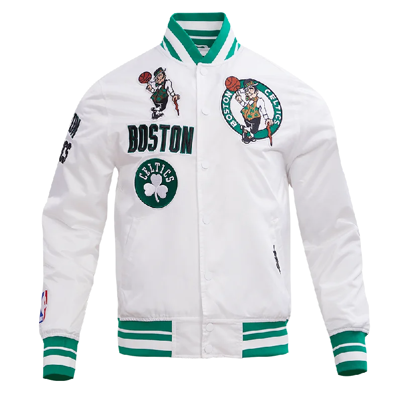 NBA BOSTON CELTICS RETRO CLASSIC MEN'S RIB SATIN JACKET (WHITE/KELLY GREEN) Tiered Jacket Buttoned Jacket Zippered Jacket