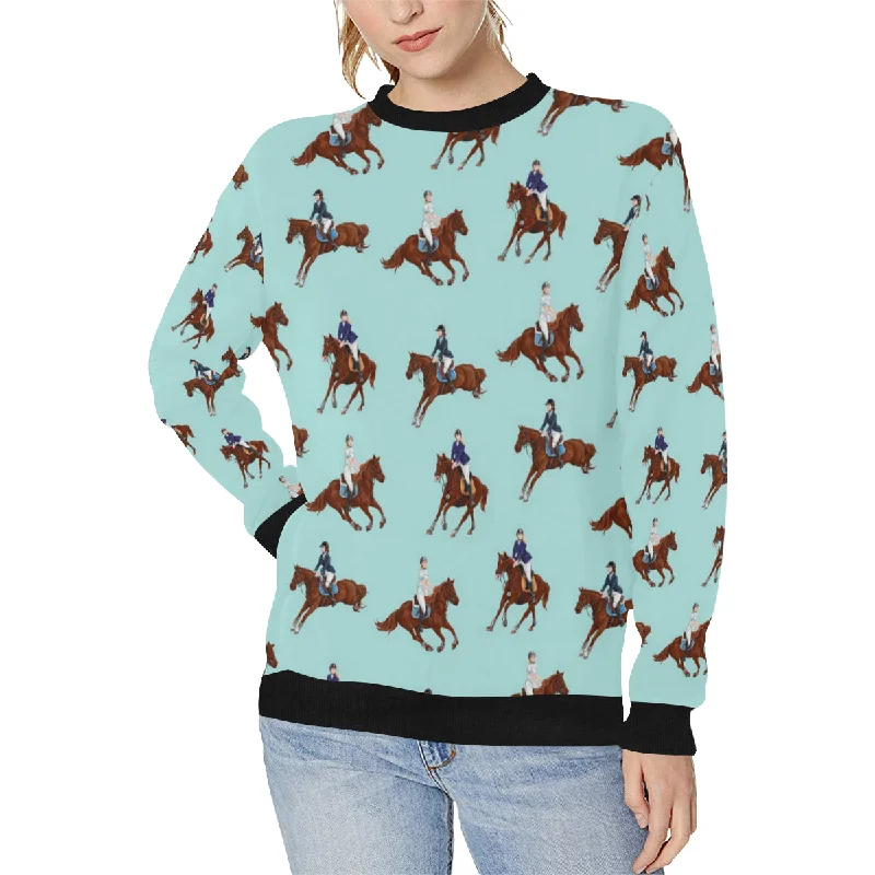 Horses running horses rider pattern Women's Crew Neck Sweatshirt Hoodie with Emblem Brand Identity