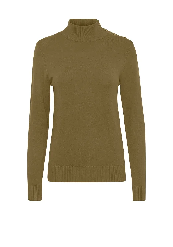 b.young Morla Button Detail Polo Neck Jumper, Olive Green Elegant Classic Vintage