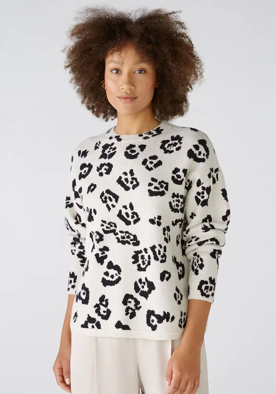 OUI Animal Print Long Sleeve Knit Jumper, Off White Toggled Drawstring Belted