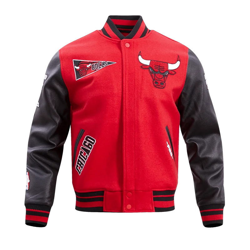 NBA CHICAGO BULLS RETRO CLASSIC MEN'S RIB WOOL VARSITY JACKET (RED/BLACK) Welt Pockets Slit Pockets Flap Pockets