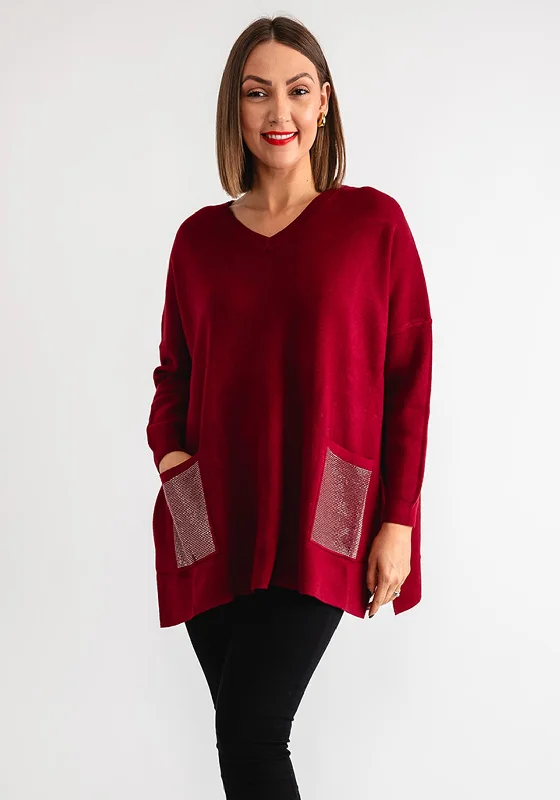 Serafina Collection Embellished Pocket Jumper, Wine Striped Floral Plaid