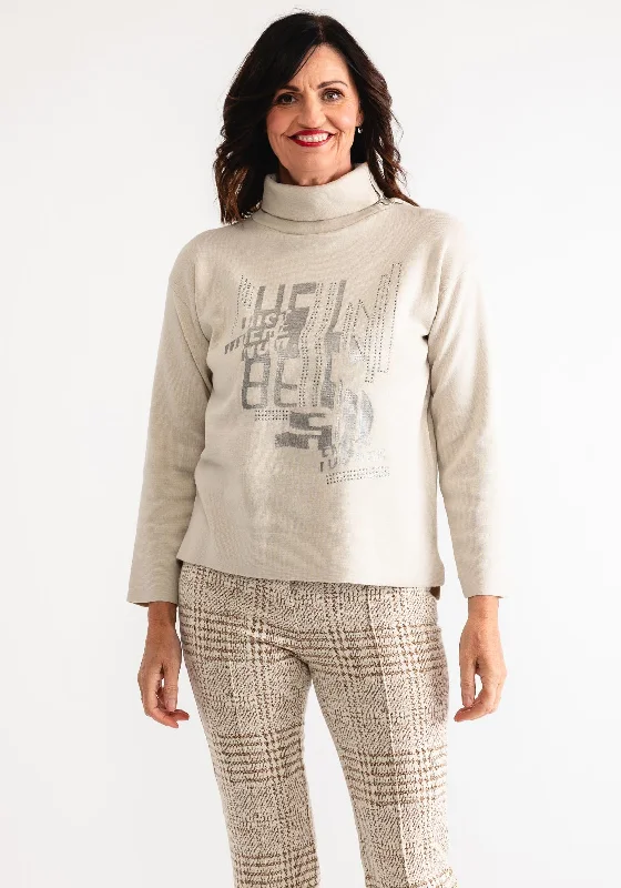 Barbara Lebek Embellished Zip Neck Jumper, Beige Sequined Glittery Shiny