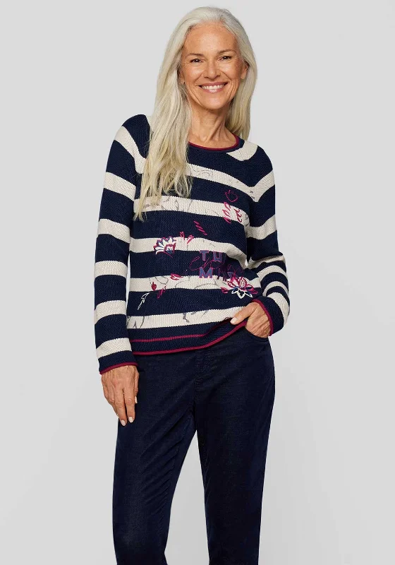 Rabe Embroidered Striped Jumper, Navy Multi Fleece Sweater Nylon Polyester