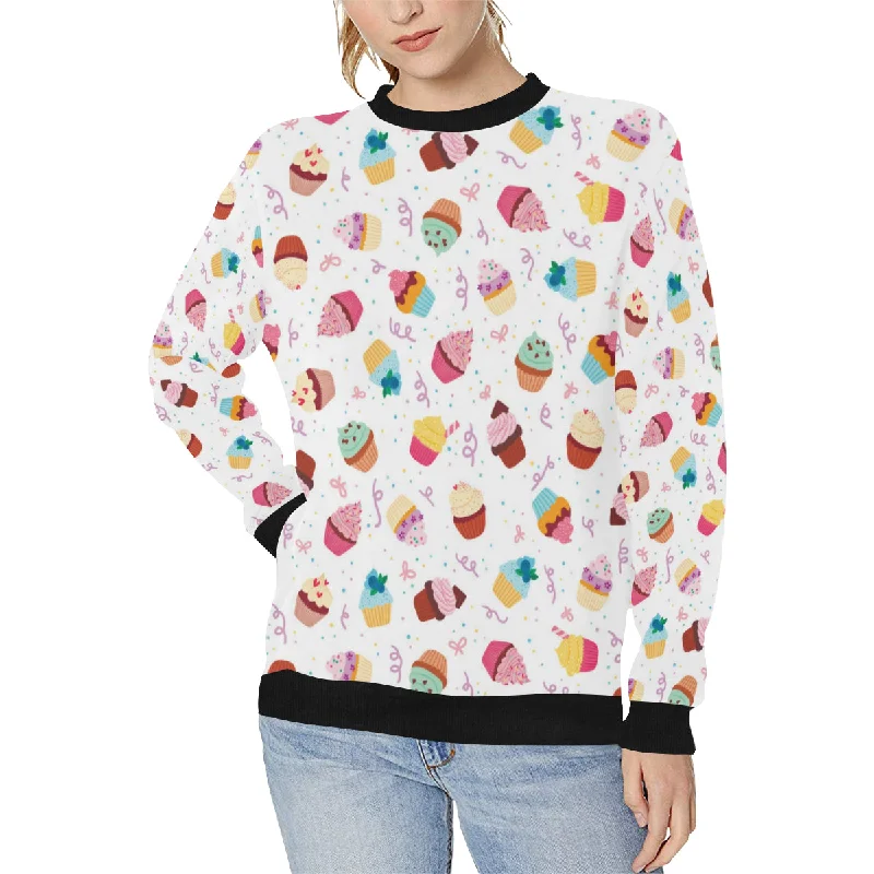 Cake cupcake design pattern Women's Crew Neck Sweatshirt Hoodie with Stripes Bold Sporty