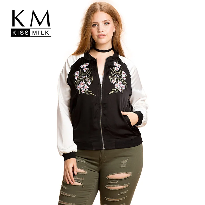 Kissmilk Plus Size Fashion Women Clothing Casual Preppy Style Embroidery Print Outwear Basic Jacket Zipper Big Size Jacket Coat Boat Neck Shawl Collar Notched Collar