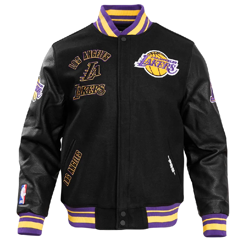 NBA LOS ANGELES LAKERS RETRO CLASSIC MEN'S RIB WOOL VARSITY JACKET (BLACK/PURPLE/YELLOW) Trench Coat Raincoat Waterproof Jacket