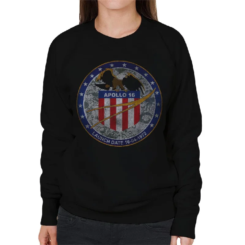 NASA Apollo 16 Mission Badge Distressed Women's Sweatshirt Hoodie with Embroidery Detailed Premium