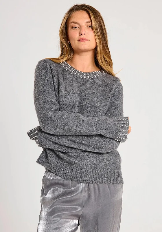 Freequent Pearl Knit Jumper, Dark Grey Zippered Front Buttoned Front Snap Front