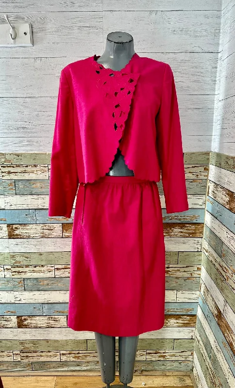 90’s Hot Pink Skirt 2 Piece Set With Embroidery Details on Jacket Herringbone Jacket Houndstooth Jacket Plaid Jacket
