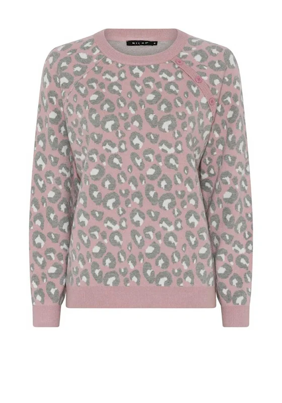 Micha Leopard Printed Button Trim Jumper, Pink Polka Dot Checkered Tartan