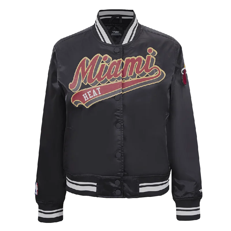 NBA MIAMI HEAT SCRIPT TAIL WOMEN'S SATIN JACKET (BLACK) Embroidered Jacket Appliqued Jacket Beaded Jacket