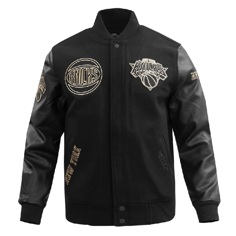 NBA NEW YORK KNICKS BLACK & GOLD MEN'S WOOL VARSITY JACKET (JET BLACK) Boat Neck Shawl Collar Notched Collar
