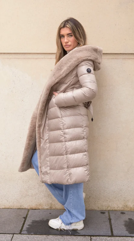 OUTLET Luxy Long-Line Faux Fur Padded Jacket - Taupe Hoodie Zip-Up Jacket Button-Up Jacket